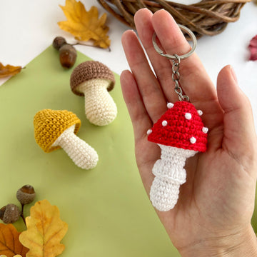 Crochet mushrooms pattern no sew Amigurumi keyring Autumn decor crochet ornament Car mirror hanger Bag charm keychain