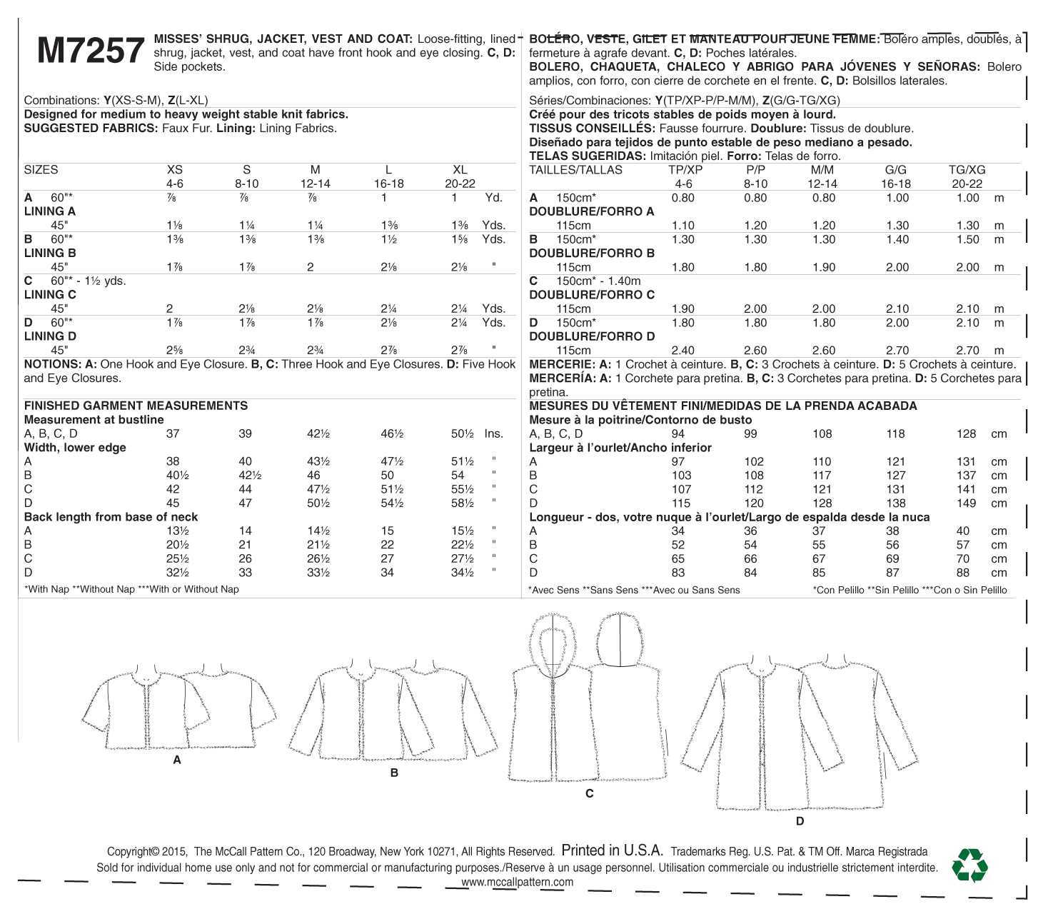 McCall's Misses' Shrug, Jacket, Vest and Coat M7257 - Sewing Pattern