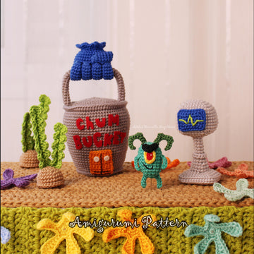 Mini Plankton, Karen & Tiny Chum Bucket – Chibi Amigurumi Crochet Pattern Set (PDF)