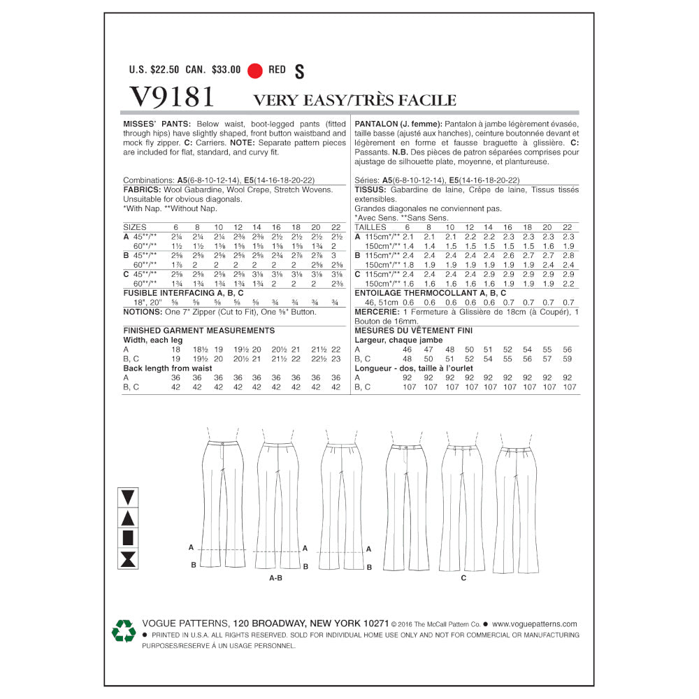 Vogue Misses' Custom-Fit Bootcut Pants V9181 - Sewing Pattern