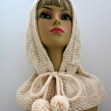 Hooded Scarf, Hooded Hat, Hooded Collar, Elegant Hood with Drawstrings and Pompoms