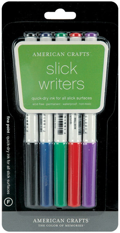 American Crafts Slick Writer Marker Pens 5/Pkg - Fine Point-Black/Blue/Red/Green/Purple
