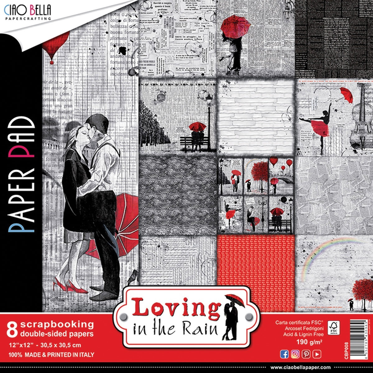 Ciao Bella Double-Sided Paper Pack 90lb 12"X12" 8/P - Loving In The Rain, 8 Designs/1 Each