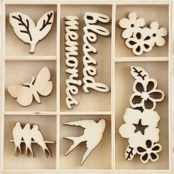 Kaisercraft Wood Mini Themed Embellishments - Morning Dew, 40/Pkg