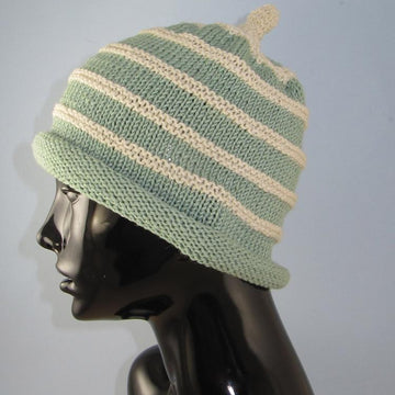 Stripe Roll Brim Topknot Beanie Hat