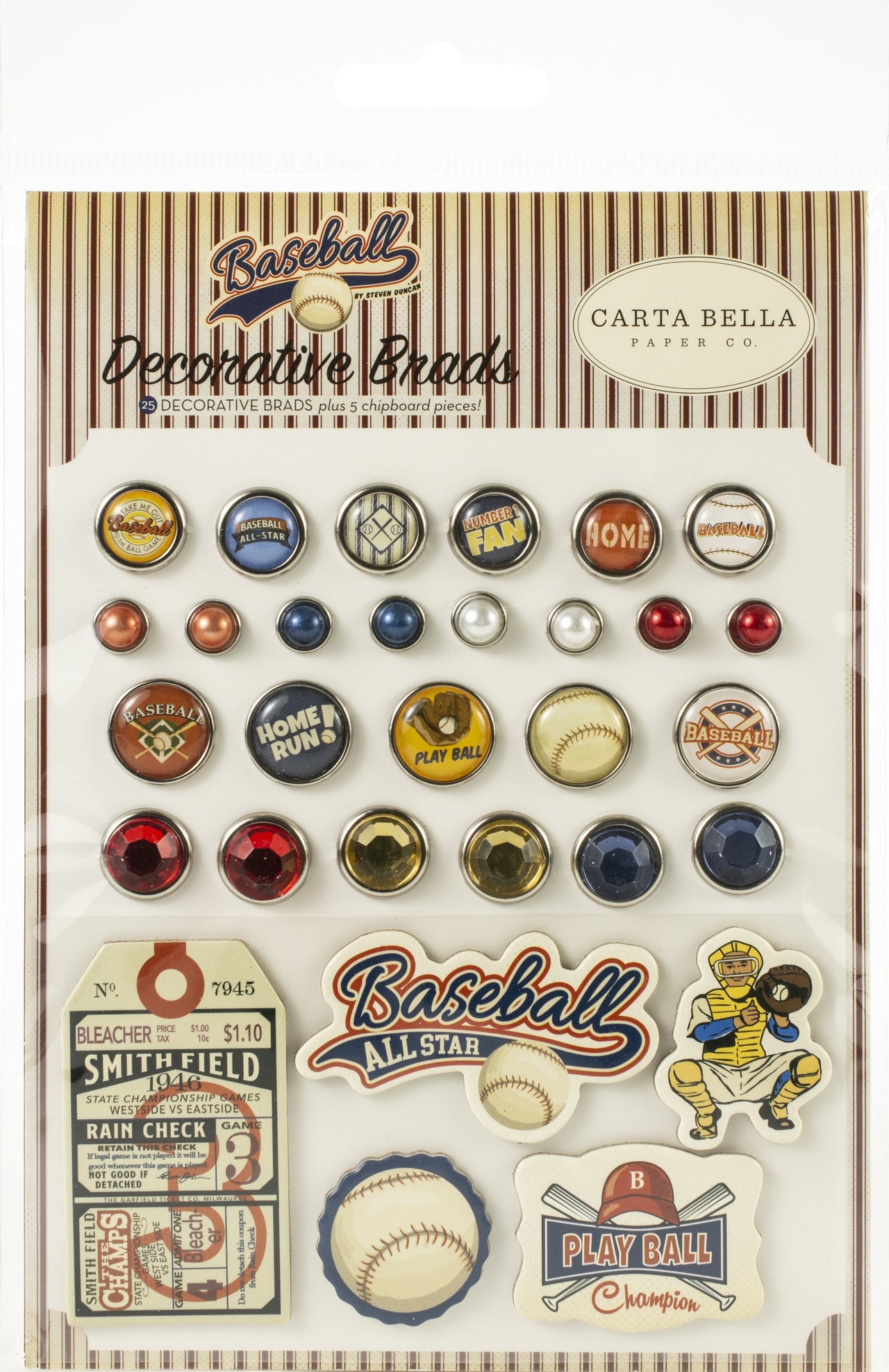 Echo Park Paper Carta Bella Decorative Brads - Baseball, 25/Pkg + 4 Chipboard