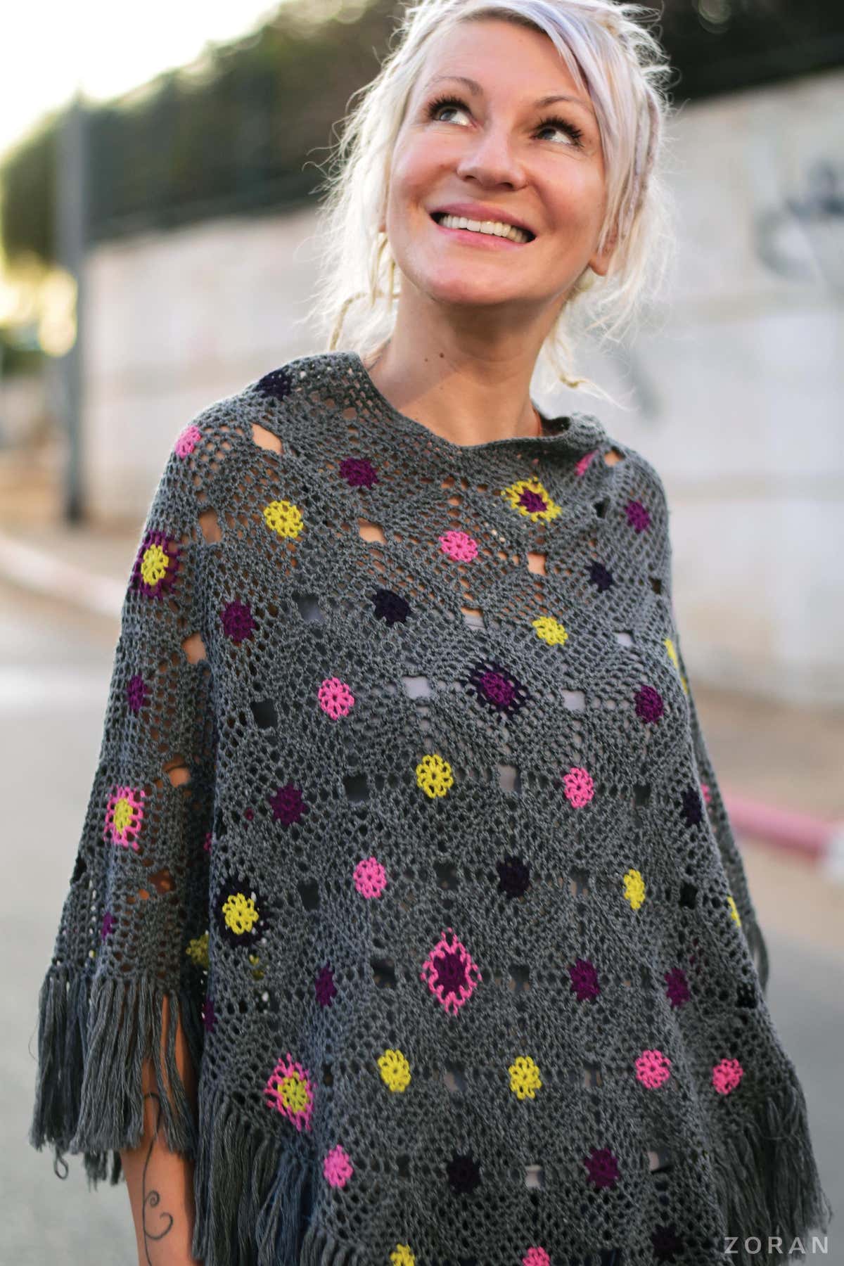 Aurora boho chic crochet poncho with fringe