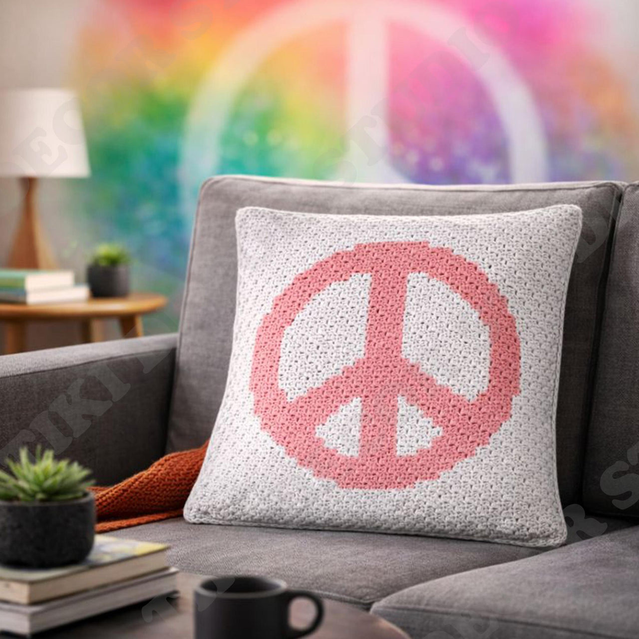 PEACE Symbol Pillow Mini C2C Diagonal Crochet Pattern