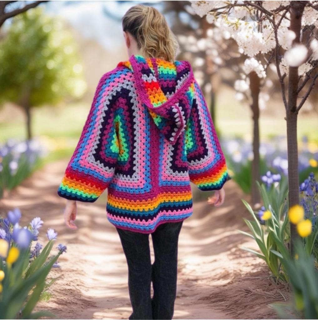 Hexagon Granny Square Crochet Hoodie Cardigan