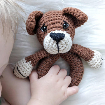 Crochet dog pattern, baby rattle dog amigurumi pattern, crochet baby gift idea