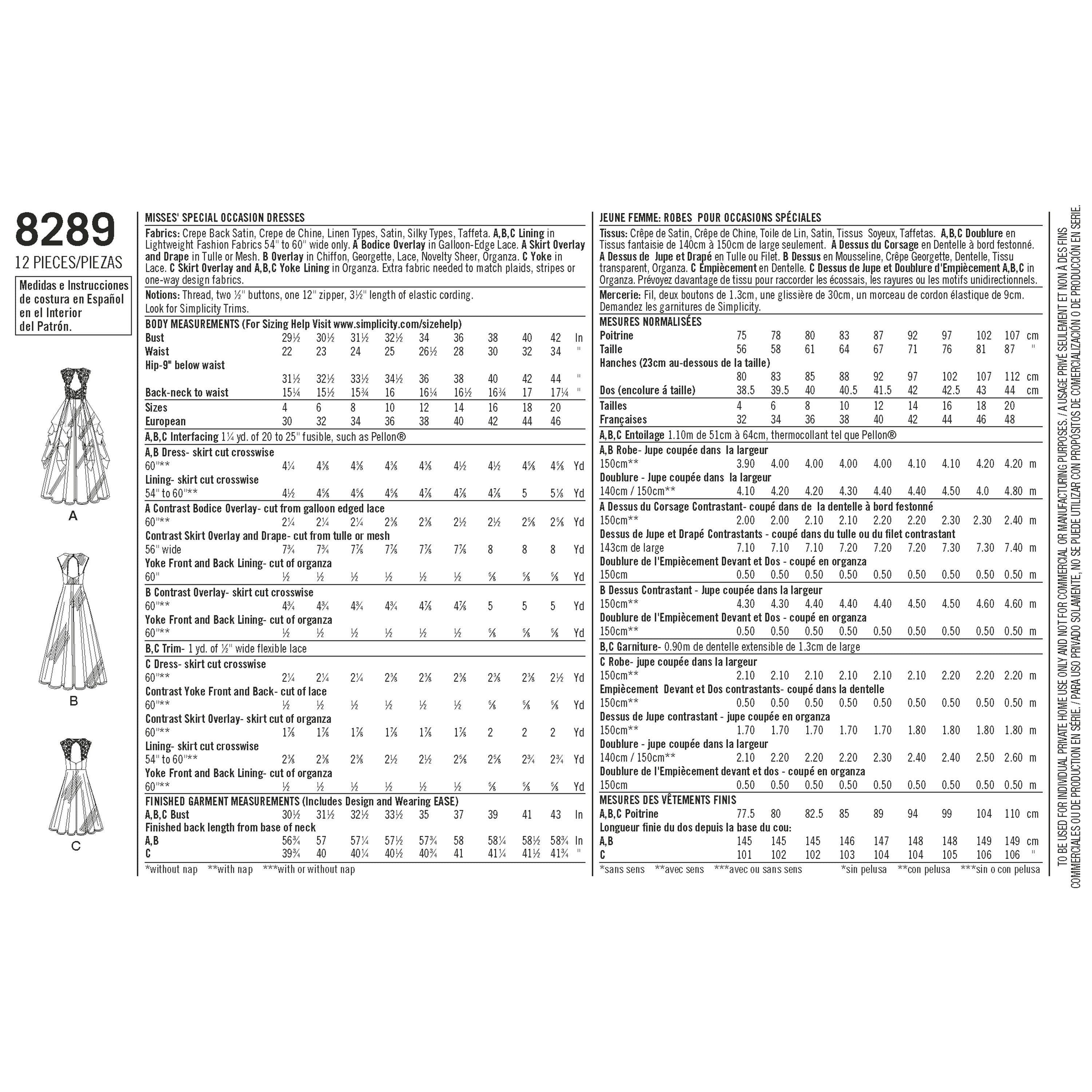 Simplicity Pattern 8289 Women's Special Occasion Dresses 8289 - Sewing Pattern