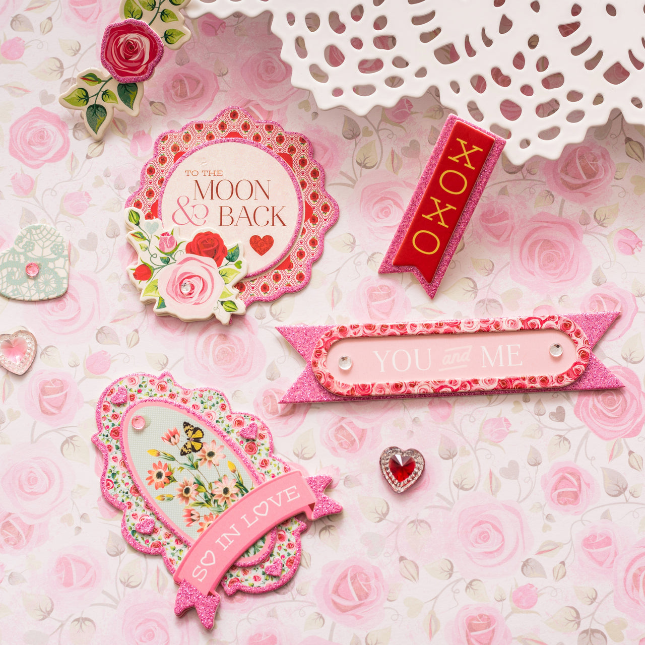 American Crafts Count The Ways Adhesive Layered Chipboard 9/Pkg - W/Pink Glitter Accents