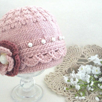 Knitted Baby Girl Hat with Crochet edging and Flower