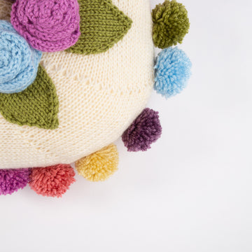 Round Shabby chic floral cushion with pom poms