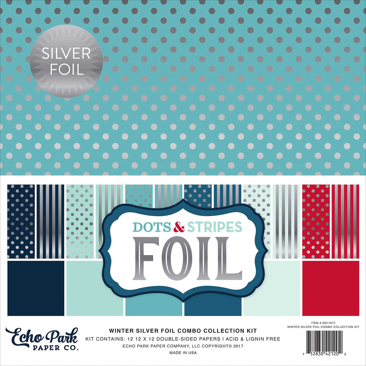 Echo Park Paper Echo Park Double-Sided Collection Pack 12"X12" 12/Pkg - Silver Foil Dots/Stripes, 6 Colors/2 Ea
