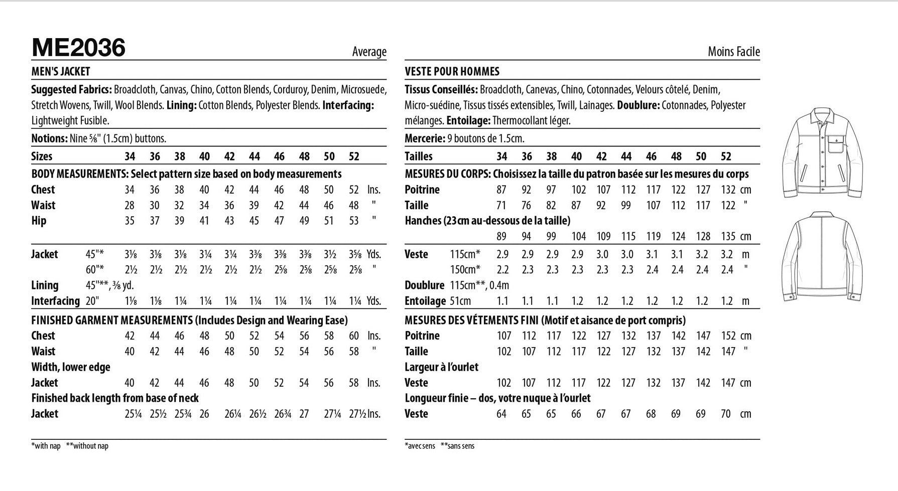 Know Me Men's Jacket ME2036 - Sewing Pattern