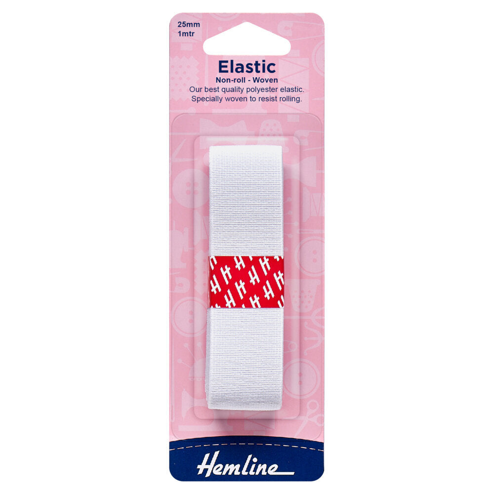 Hemline Woven Non Roll Elastic: 1m x 25mm: White