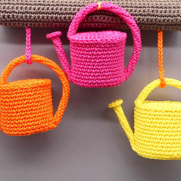 Tulips & watering cans hanging decoration - simple from scraps of yarn
