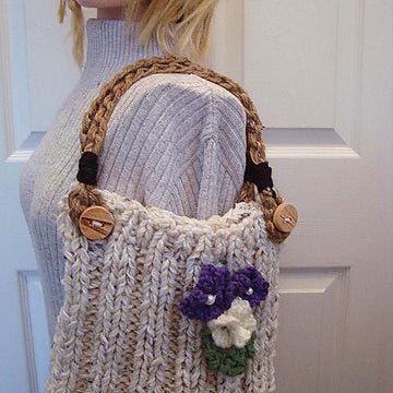 689P - Knitted Purse Handbag, Handles, Flower, and Leaf
