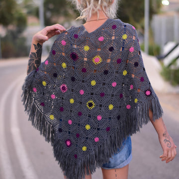 Aurora boho chic crochet poncho with fringe