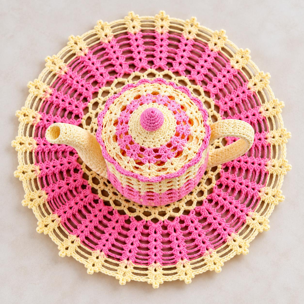 Crochet Tea Set Pattern – Teapot, Cups, Saucers & Doily PDF Pattern