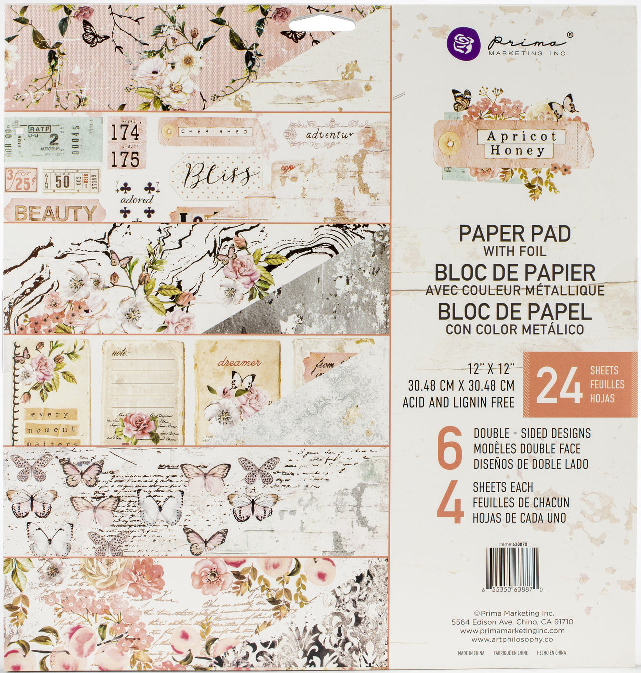 Prima Marketing Double-Sided Paper Pad 12"X12" 24/Pkg - Apricot Honey, 6 Designs/4 Each