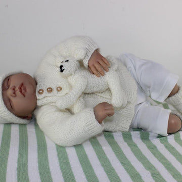 New Baby Matinee Coat, Booties Beanie and Toy Lamb