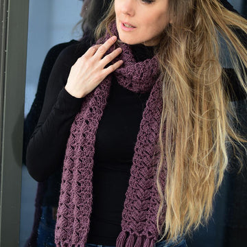 Aubergine crochet scarf with fringe