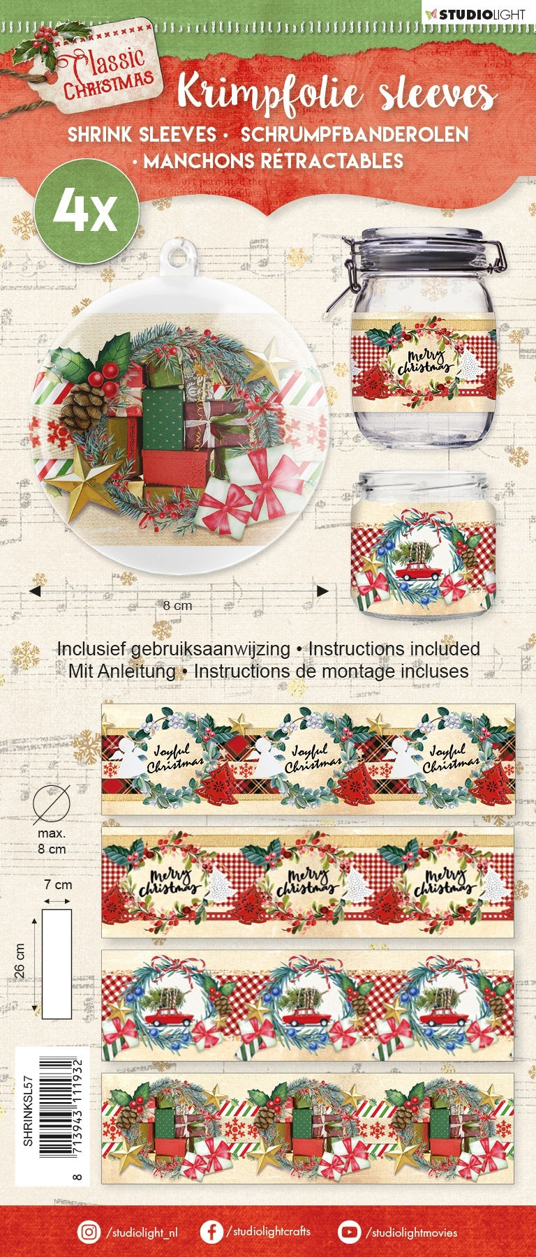 Studio Light Shrink Sleeves 10.25"X2.75" 4/Pkg - Classic Christmas, 4 Designs/1 Each