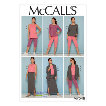 McCall's Misses'/Women's Knit Shawl Collar Jacket, Tops with Slits, and Banded Skirt and Pants M7548 - Sewing Pattern