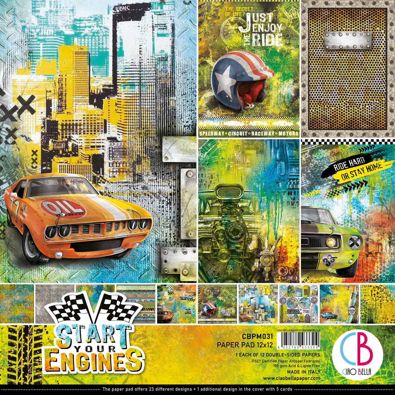 Ciao Bella Double-Sided Paper Pack 90lb 12"X12" 12/Pkg - Start Your Engines, 12 Designs/1 Each