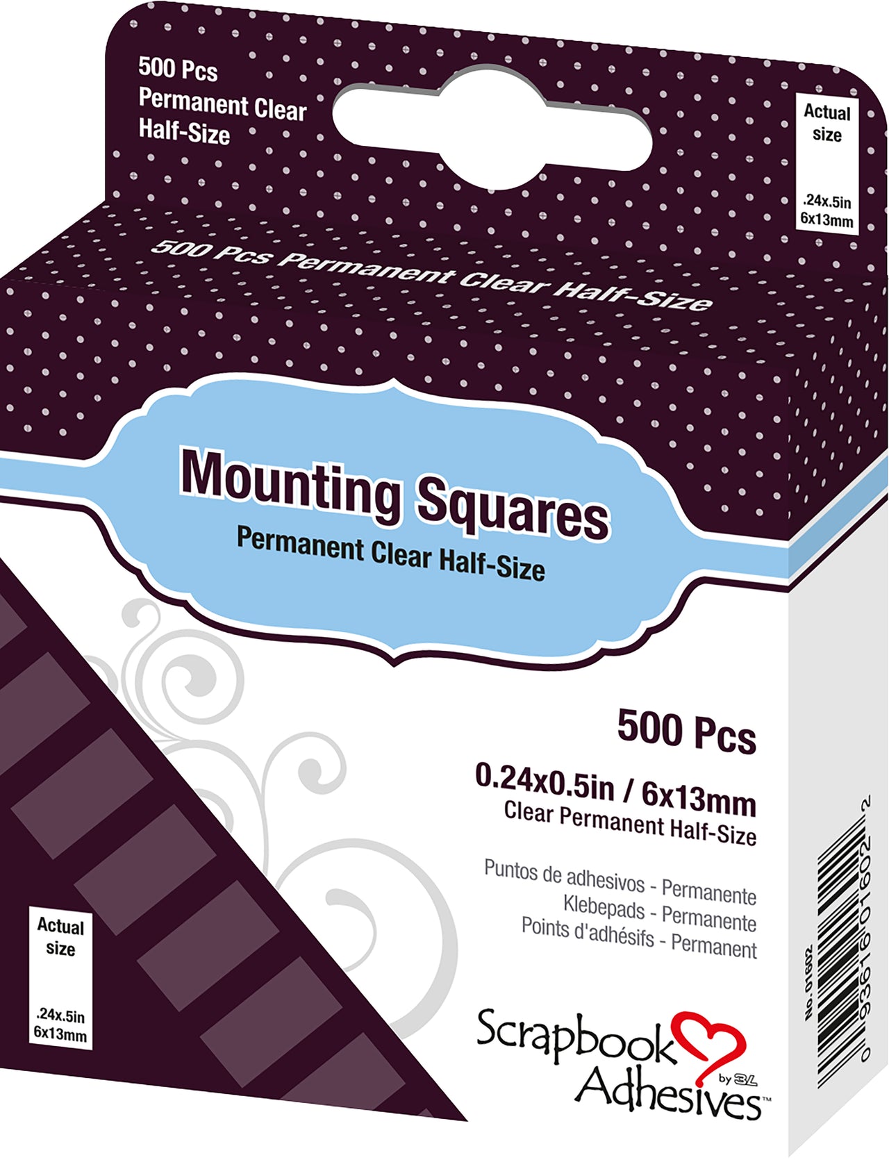 3L Scrapbook Adhesives Mounting Squares 500/Pkg - Permanent, Clear, .5"X.25"