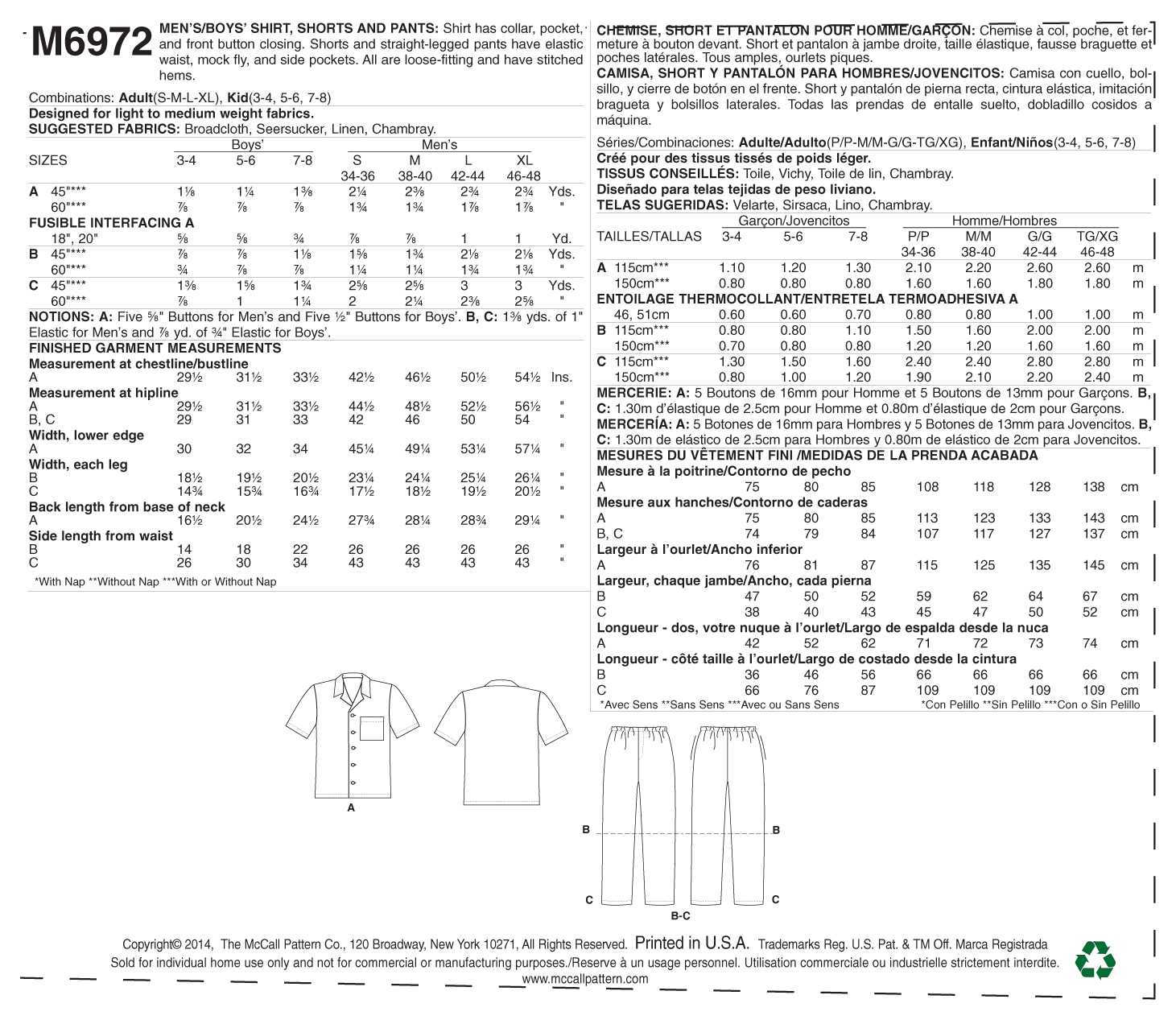 McCall's Men's/Boys' Shirt, Shorts and Pants M6972 - Sewing Pattern
