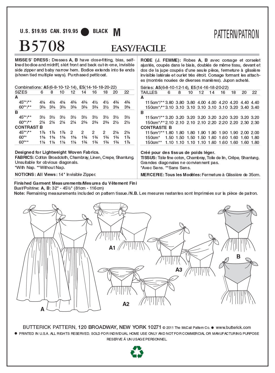 Butterick Misses' Dress B5708 - Sewing Pattern