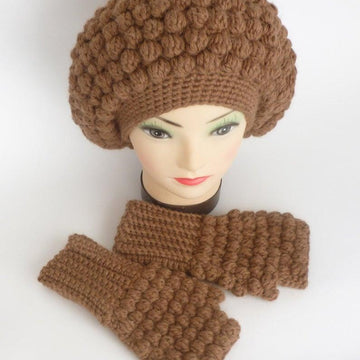 Crochet Bobble Beret and Fingerless Mittens