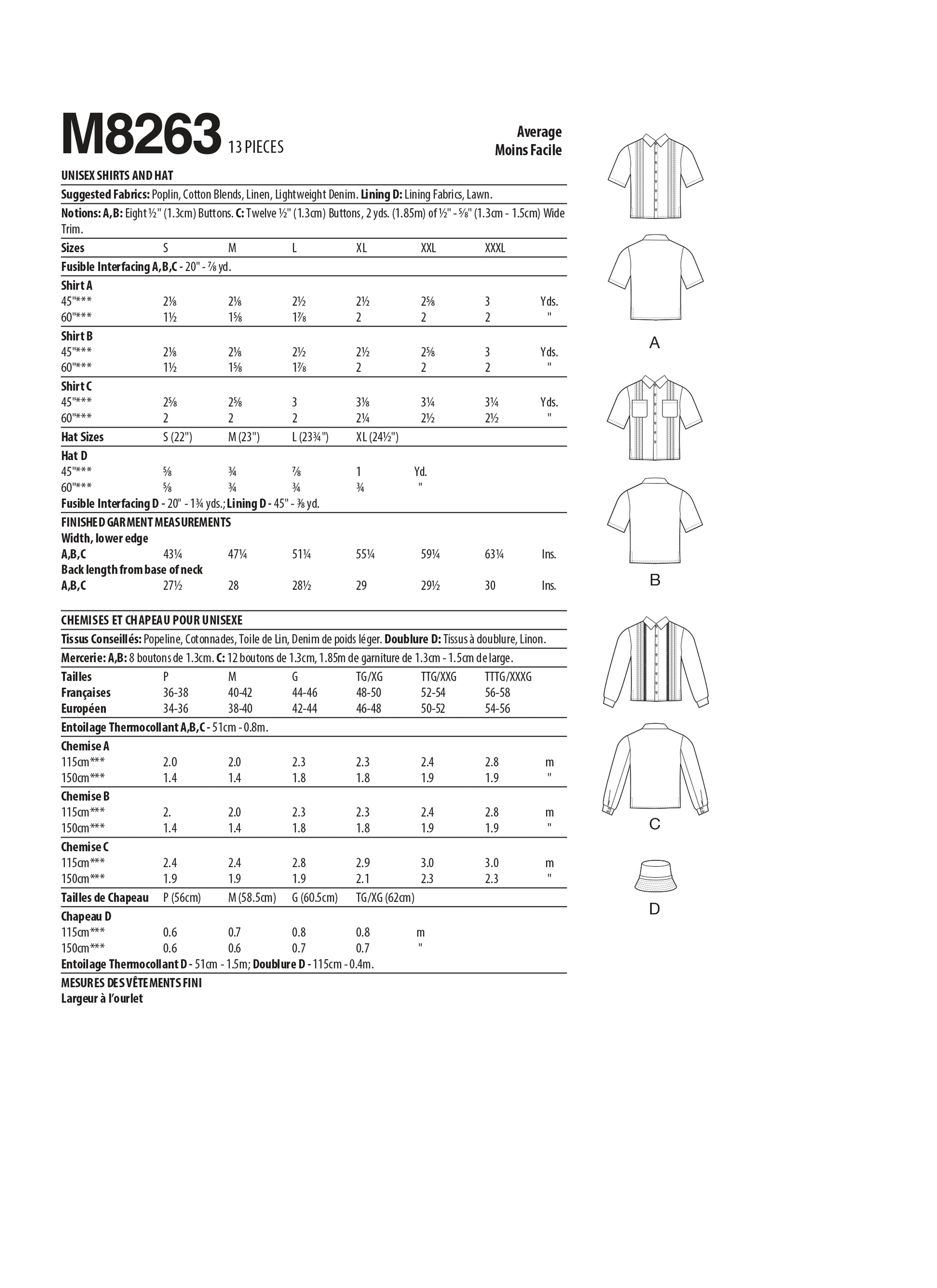 McCall's Unisex Shirts and Hat M8263 - Sewing Pattern