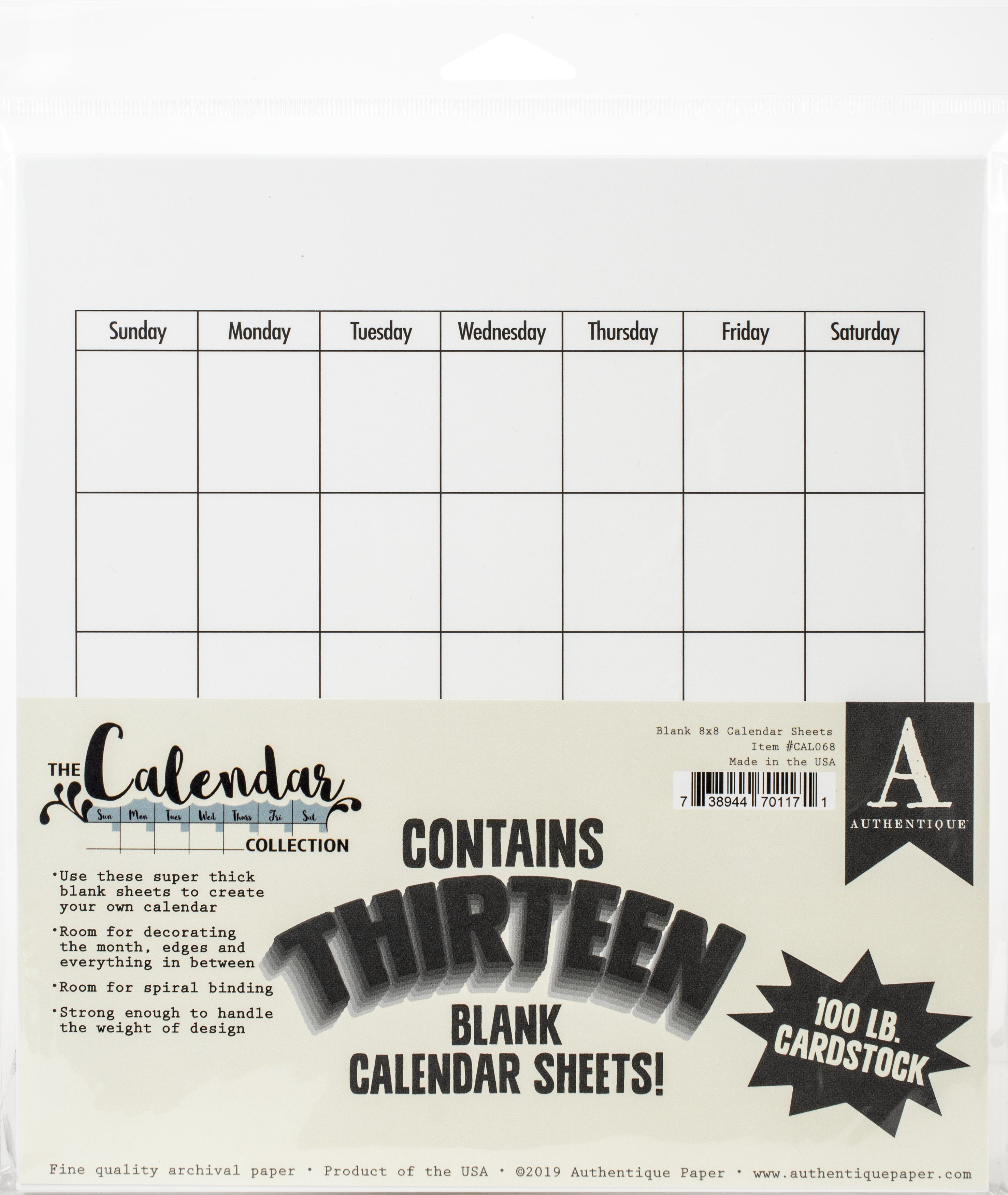 Authentique Paper Authentique 100lb Single-Sided Cardstock 8"X8" 13/Pkg - Calendar Collection, Blank