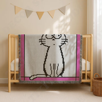 White Cat Blanket Wondering Kitten Throw Pink Border C2C CROCHET PATTERN