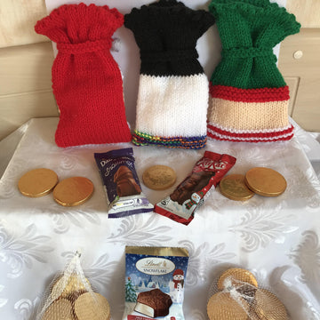 DK knitting pattern Santa, Snowman & Elf chocolate treat gift bag pouches