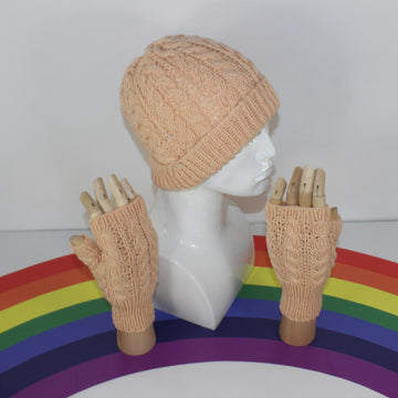 Adult Teen Aran Double cable Beanie Hat & Fingerless Gloves Circular