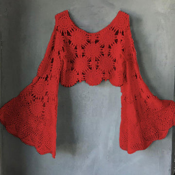 Boho Crochet Crop Top – Festival Bell Sleeve Sweater