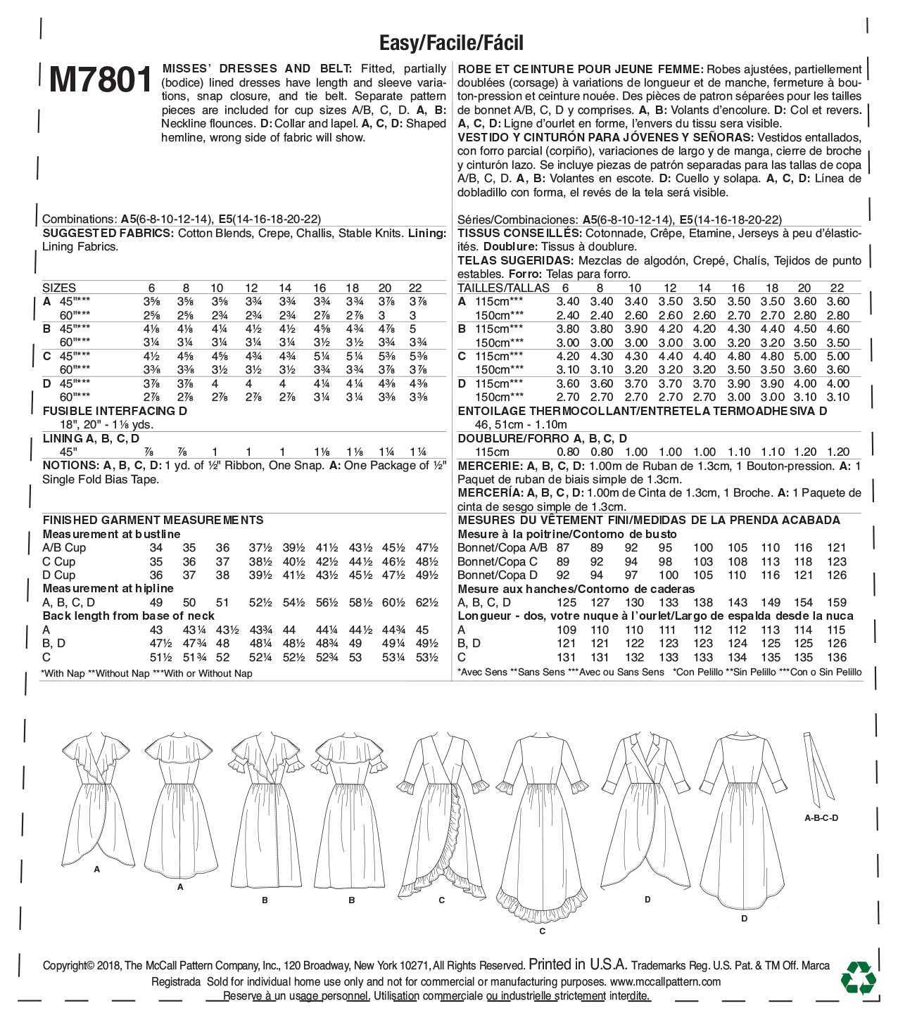 McCall's Misses' Wrap Dresses and Belt M7801 - Sewing Pattern