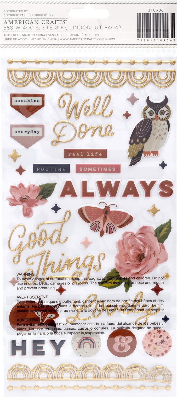 American Crafts Again & Again Thickers Stickers 5.5"X11" 108/Pkg - Phrase & Icons/Puffy
