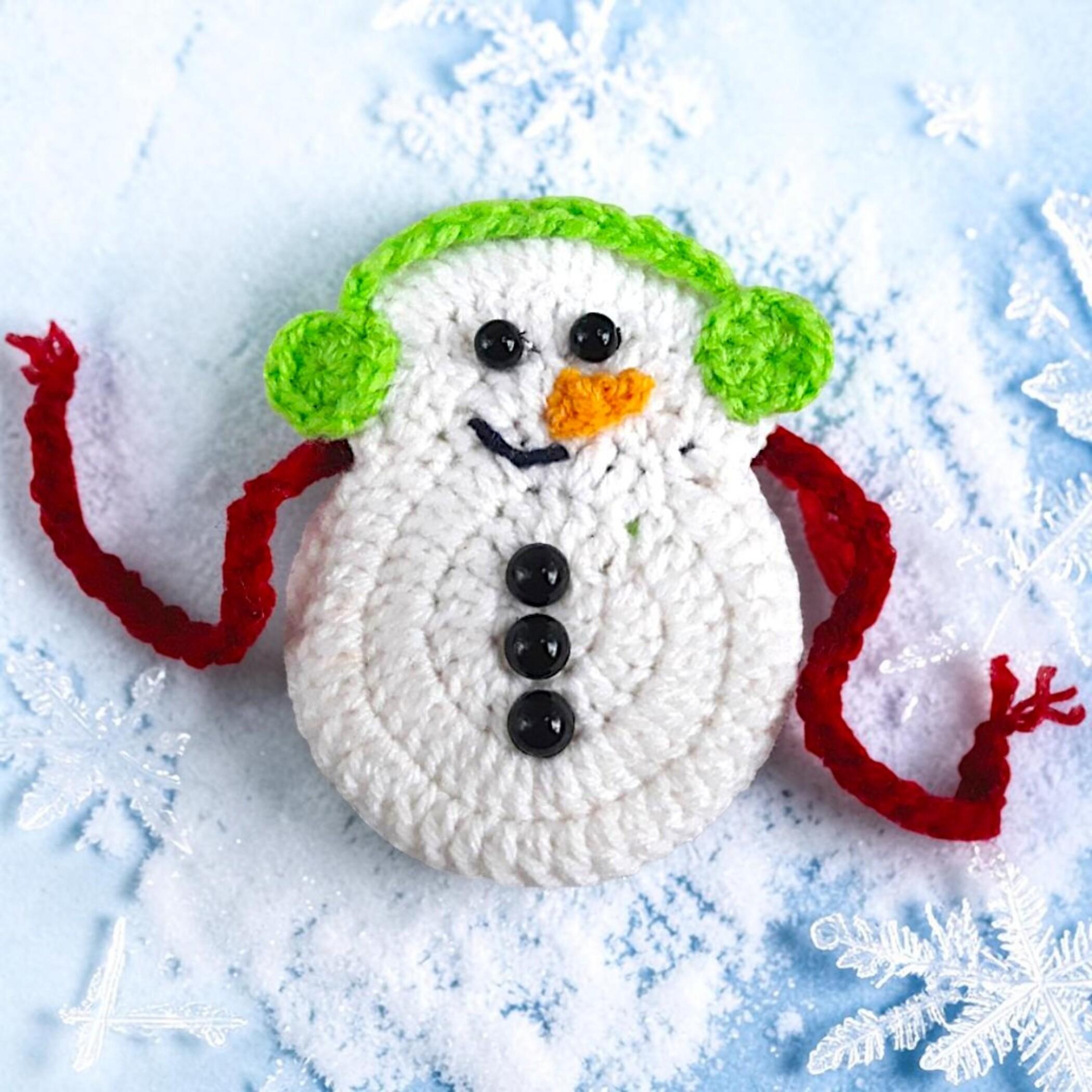 Christmas Crochet Snowman Pattern in Red Scarf and Headphones, Winter Amigurumi Ornament PDF, DIY Easy Toy Tutorial