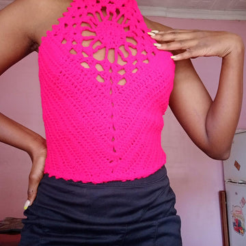 Crochet Halter top- Pink Flower flare halter top