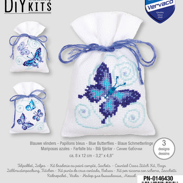Vervaco Blue Butterflies Potpourri Bags - Pack of 3 Cross Stitch Kit - 8cm x 12cm