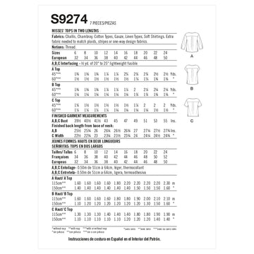 Simplicity Misses' Tops In Two Lengths S9274 - Sewing Pattern