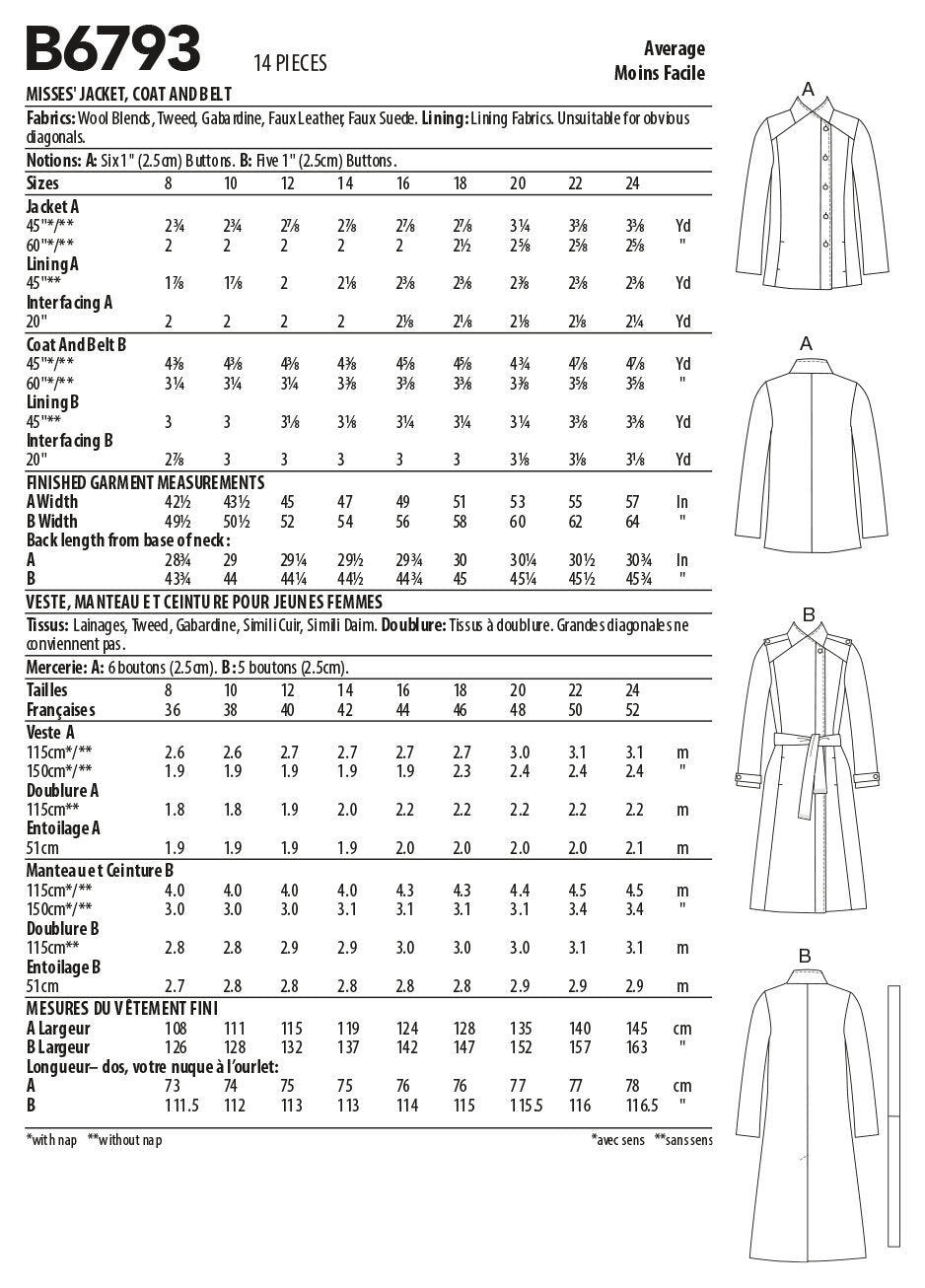 Butterick Misses' Jacket, Coat & Belt B6793 - Sewing Pattern
