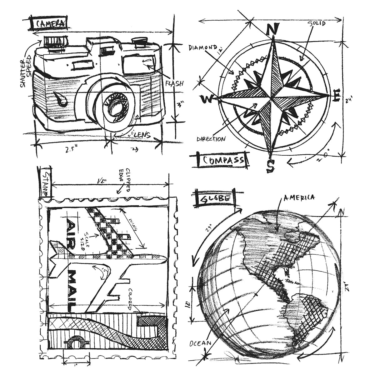 Stampers Anonymous Tim Holtz Cling Stamps 7"X8.5" - Travel Blueprint