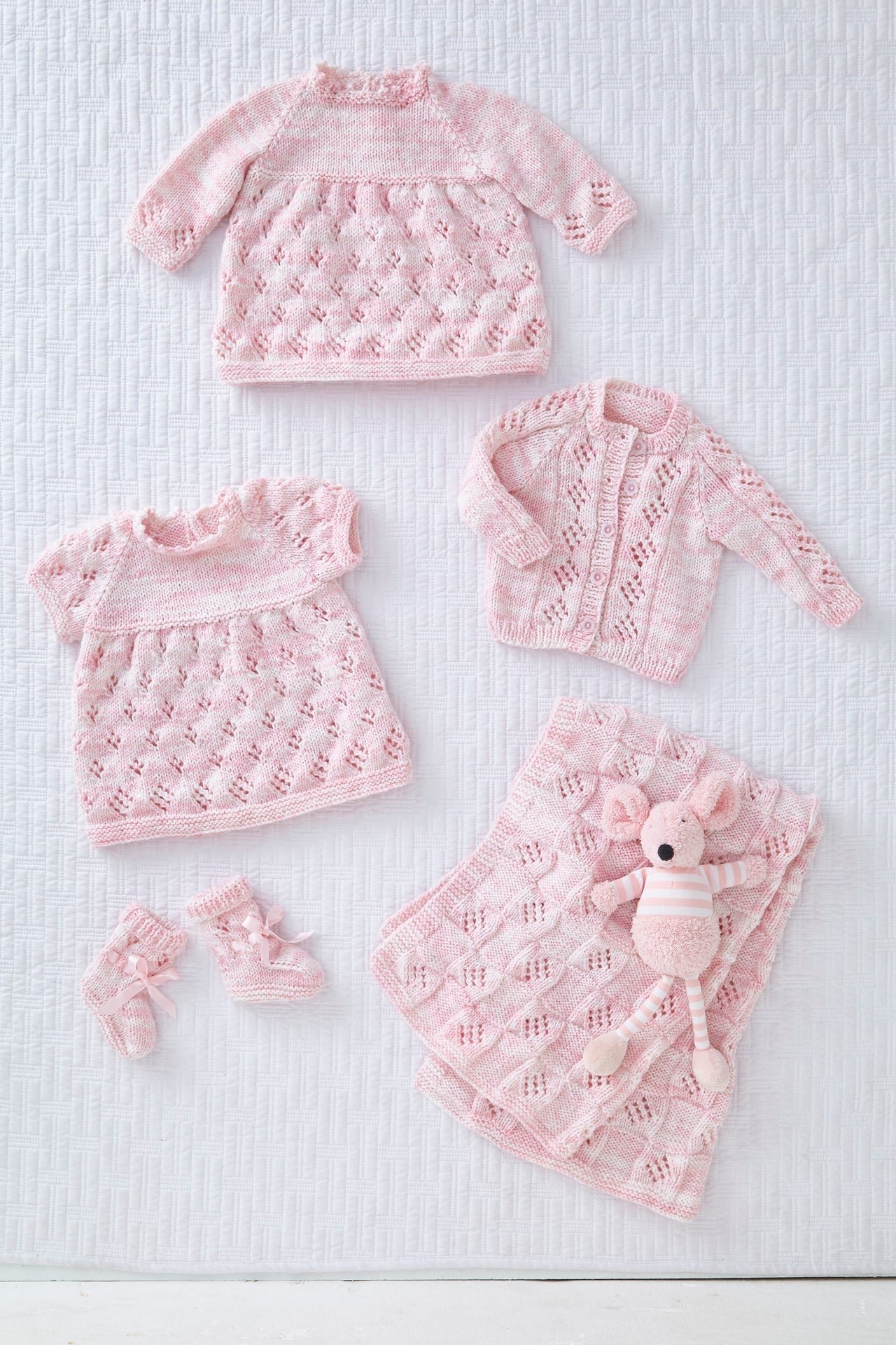 Dress, Cardigan, Blanket and Bootees in King Cole Little Treasures DK - 5856 - Leaflet